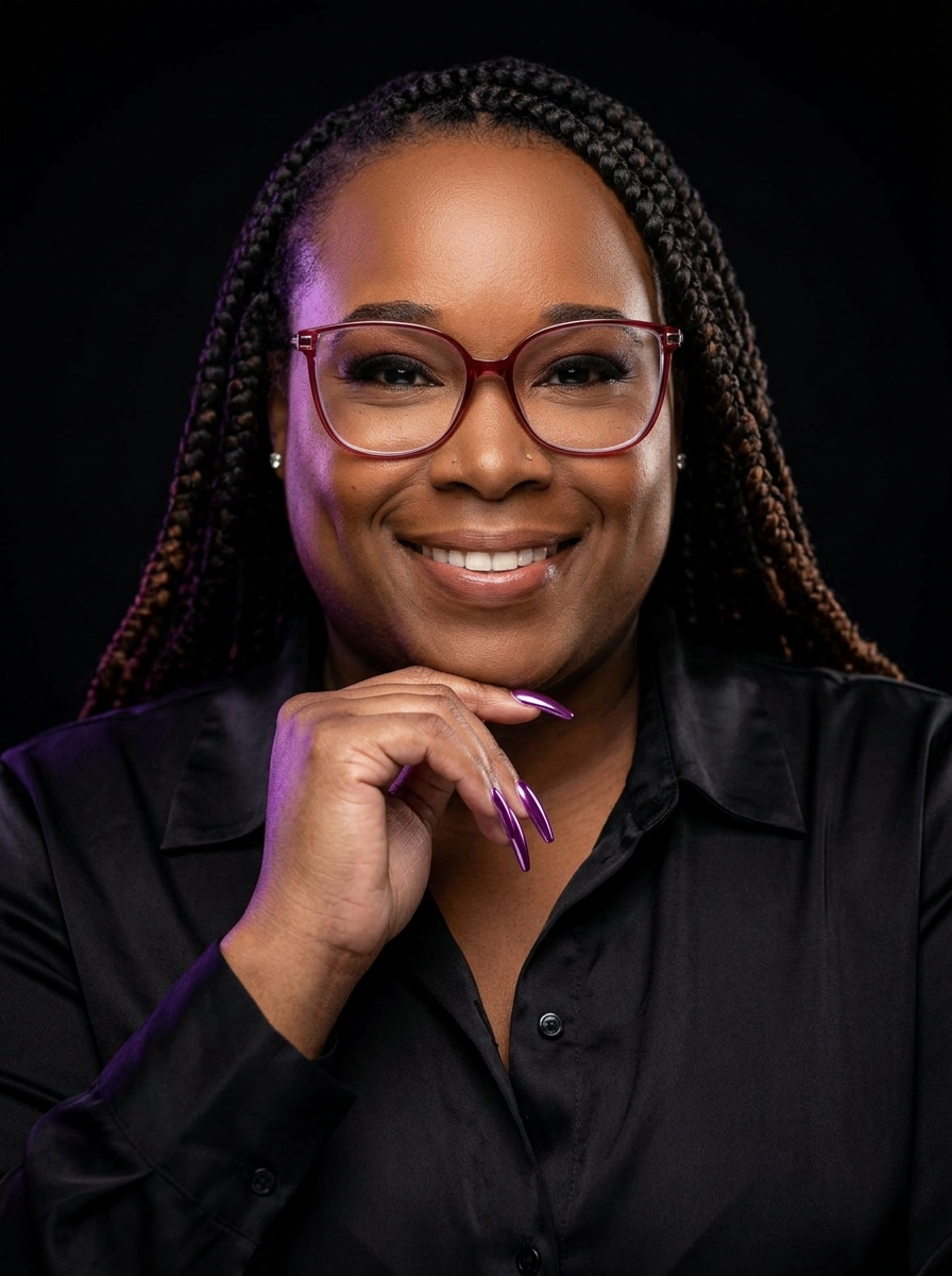 Upscaled portrait of the Esha Nails Bar founder in a black and purple editorial setting