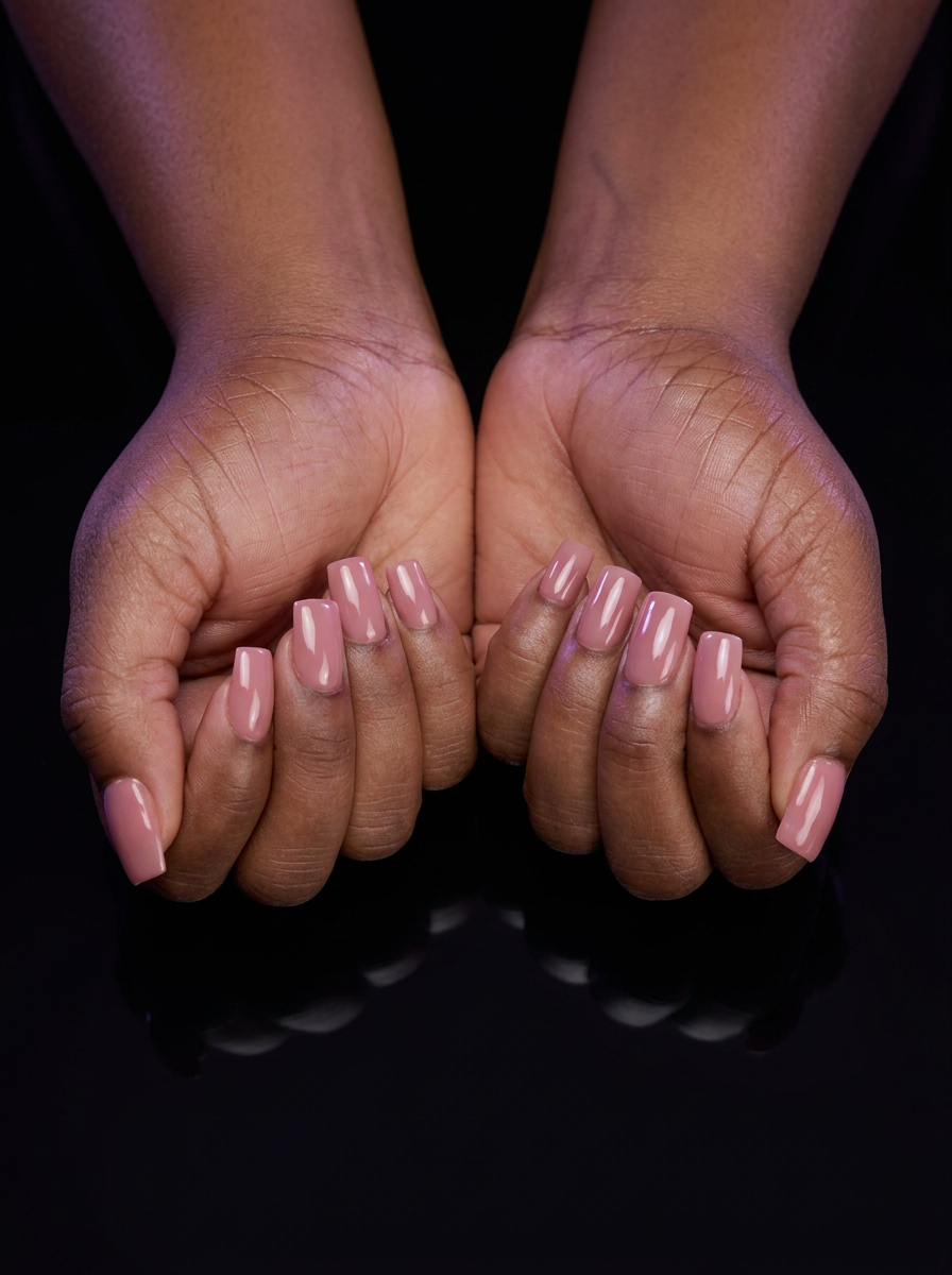 Glossy soft pink square nails photographed on a reflective black surface