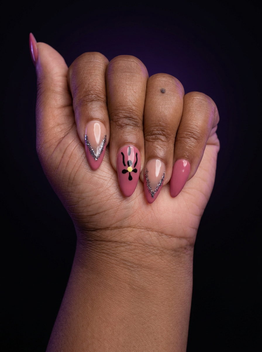 Pink almond nail design with floral and silver accent details