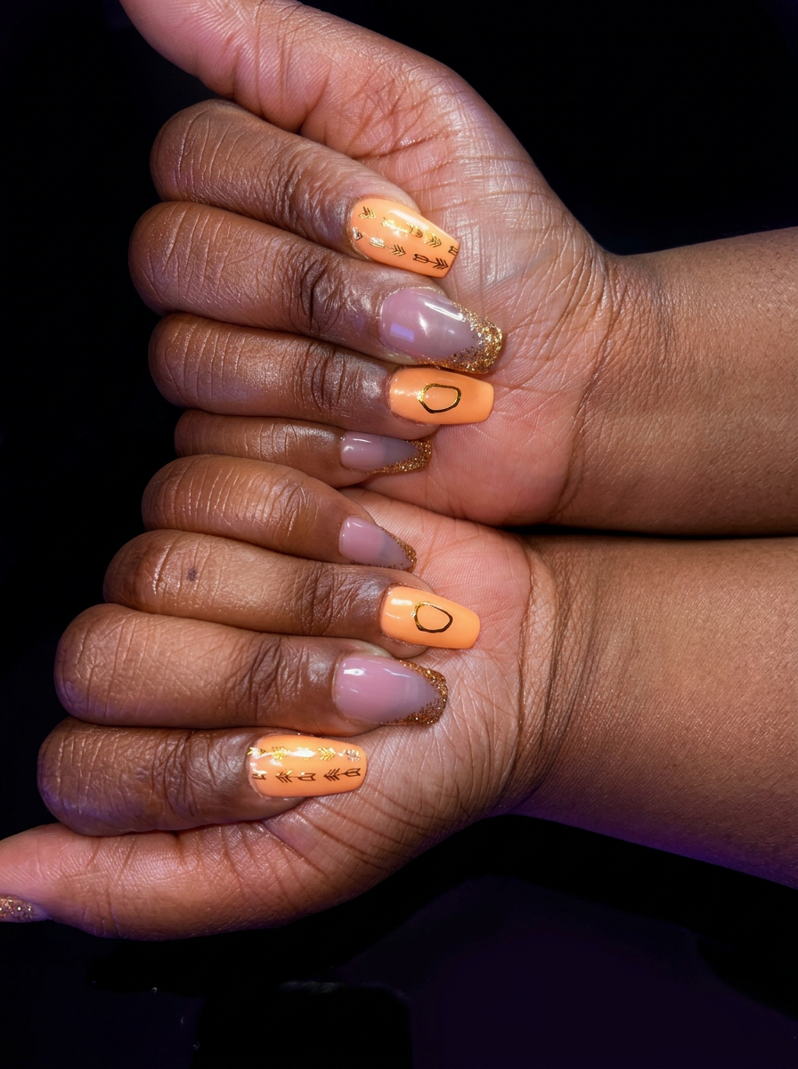 Peach and nude nail set with gold detail photographed in moody studio lighting