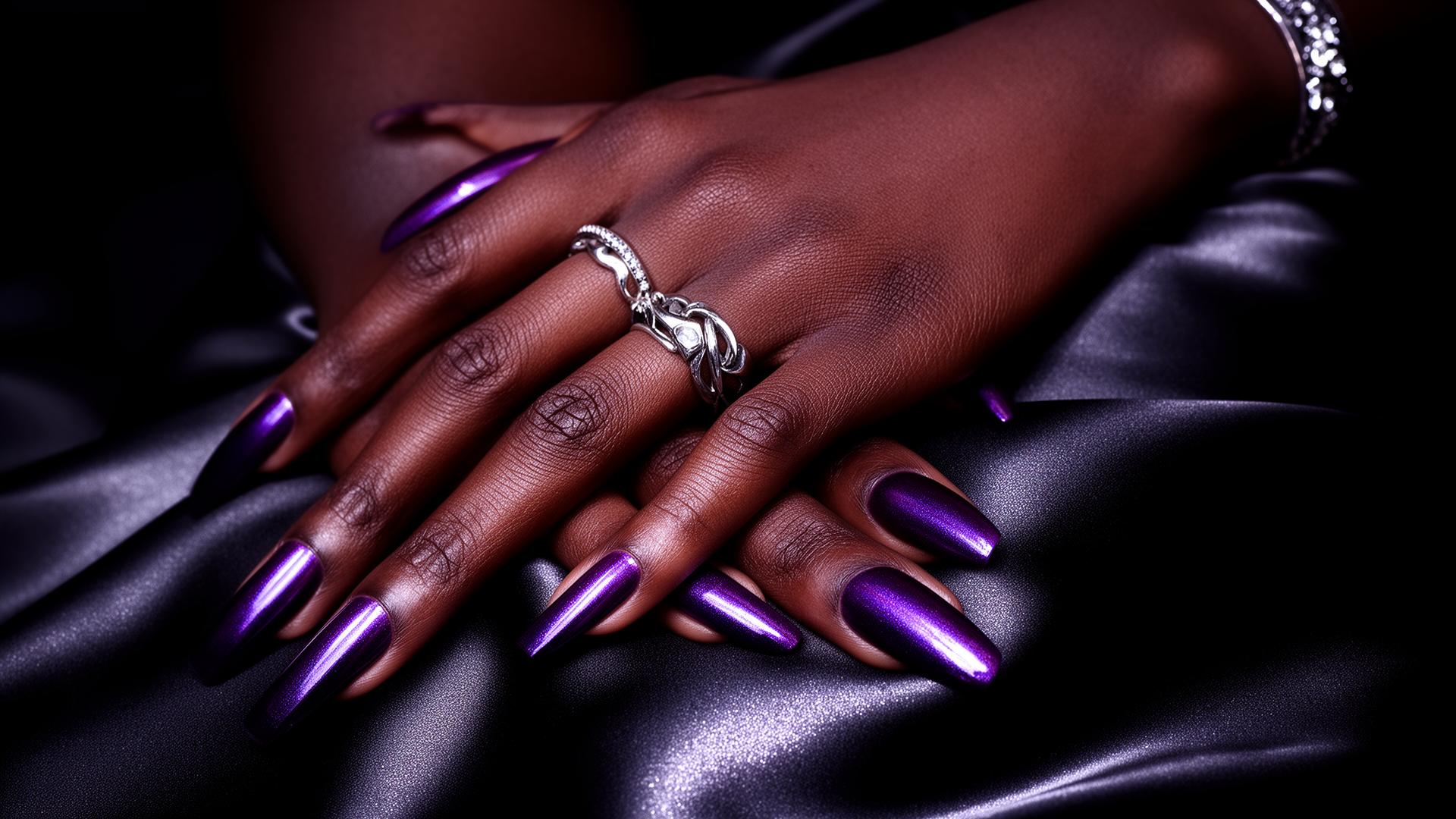 Luxury manicured nails in the brand's black, purple and silver style