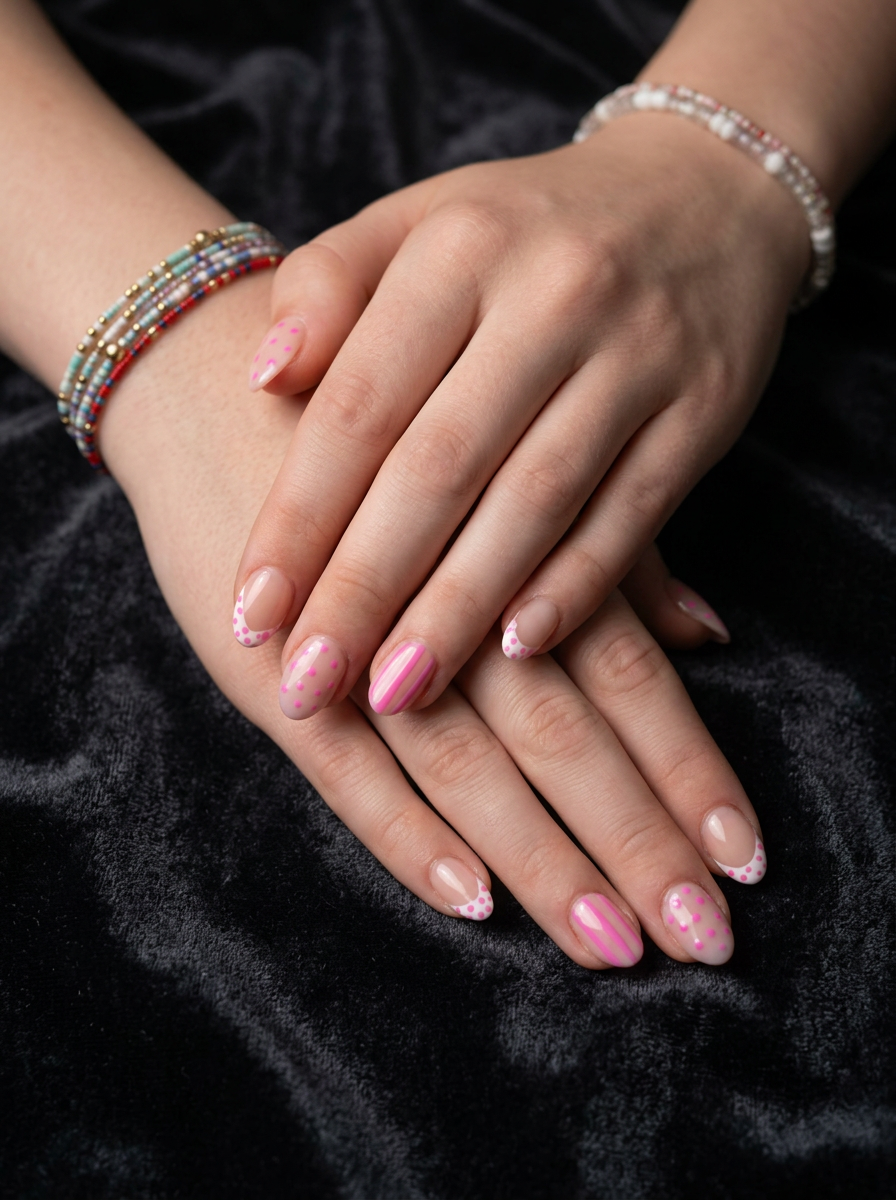 Young client's pink polka dot and stripe nail art in editorial lighting