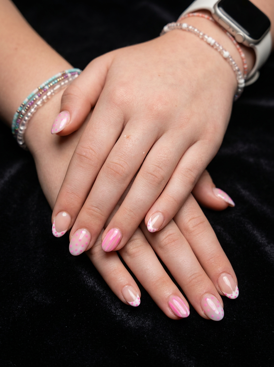 Kids pink French tip with polka dots and stripes nail design
