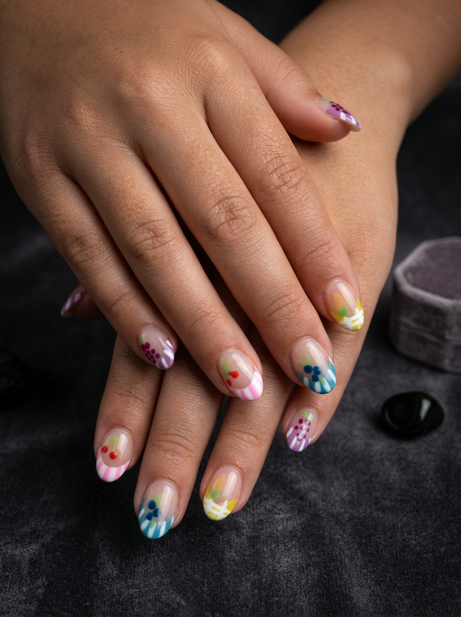 Colorful fruit-themed French tip nail art for kids — cherries, grapes, blueberries, pineapple