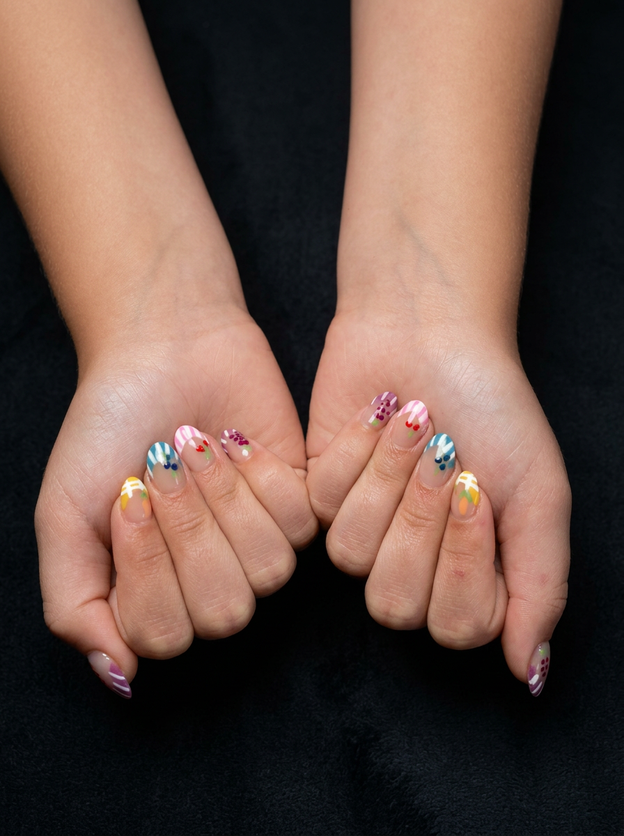 Kids fruit-themed striped nail set photographed on a dark backdrop