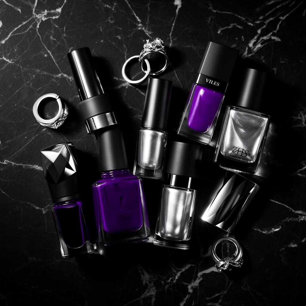 Luxury nail polish bottles and silver rings in the Esha Nails Bar palette